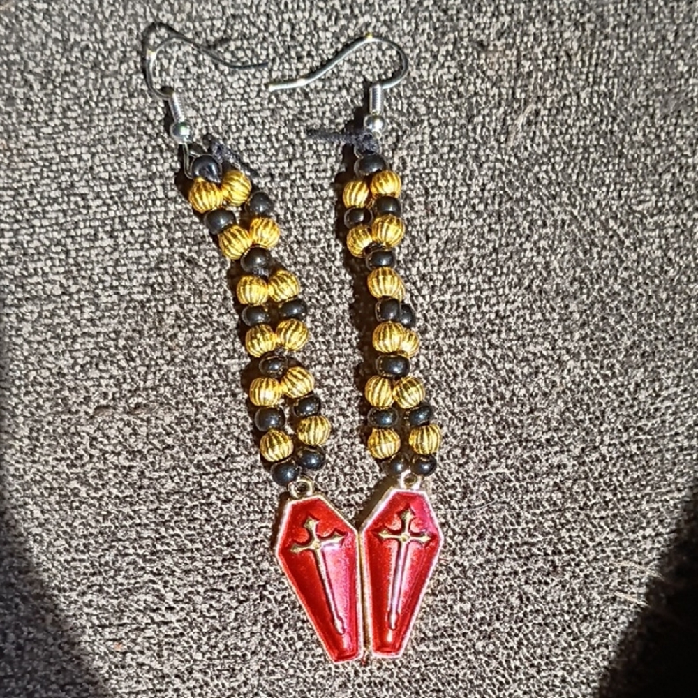 Red and Gold Beaded Earrings